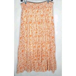 Cato Floral Tiered Midi Skirt M Orange Cream Elastic Waist Pull-on Cottagecore